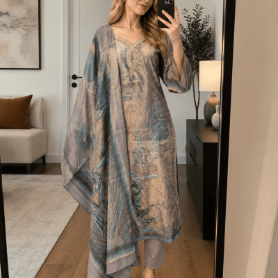 Women's Grey &amp; Teal Printed Kurta Set with Dupatta | Elegant Ethnic Wear