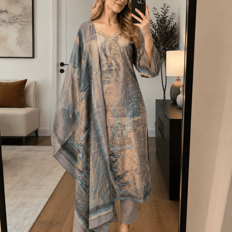 Women's Grey &amp; Teal Printed Kurta Set with Dupatta | Elegant Ethnic Wear