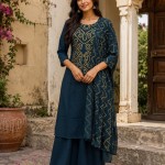 Navy Blue Bandhani Print Kurta Palazzo Dupatta Set