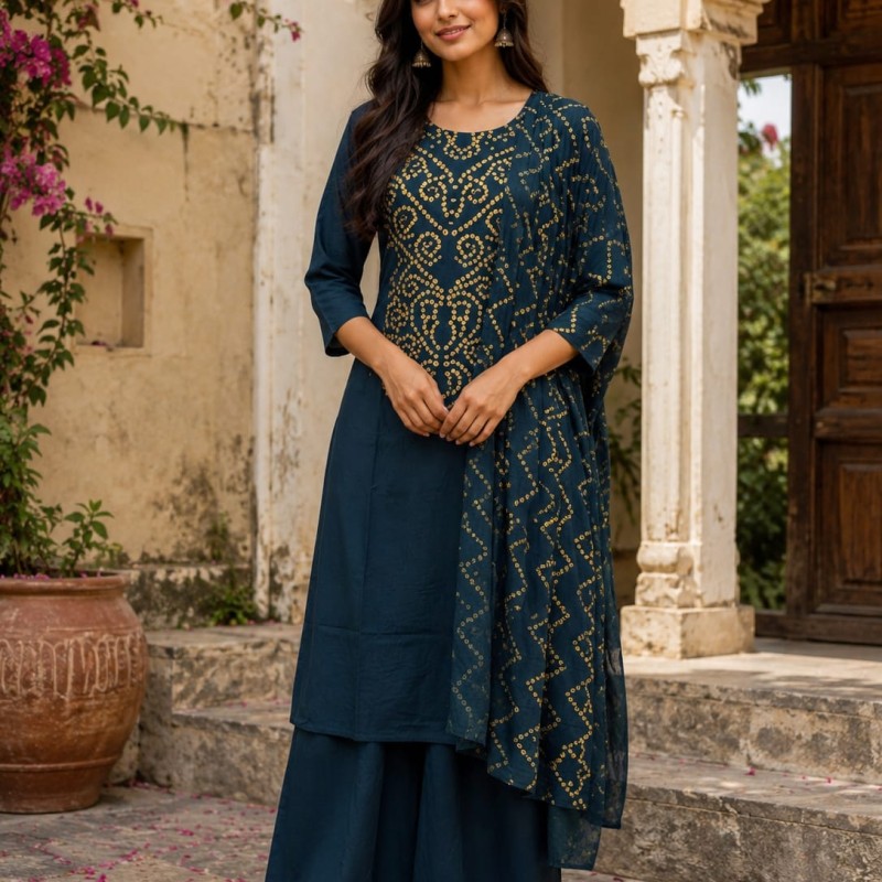 Navy Blue Bandhani Print Kurta Palazzo Dupatta Set