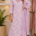 Lavender Floral Printed Kurta Pant Dupatta Set