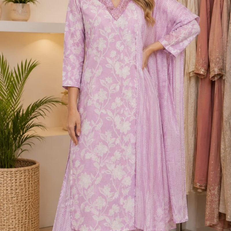 Lavender Floral Printed Kurta Pant Dupatta Set